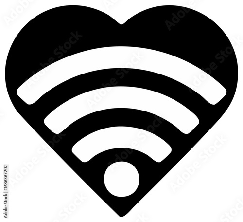 Heart shaped WiFi symbol illustration.  Black and white wireless technology concept.