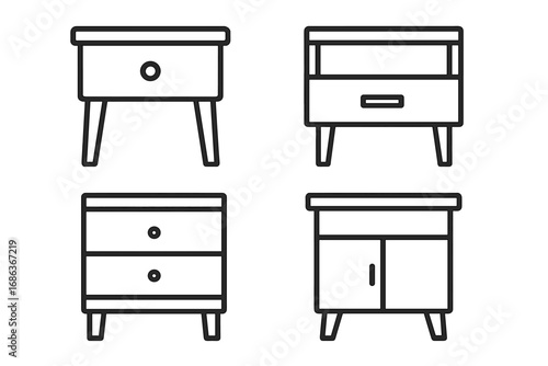 Minimalist Line Art Nightstands Vector Set, Clean Modern Furniture Designs for Contemporary Interiors, Simple Cartoon Style Transparent Background, Home Bedroom Decor Collection