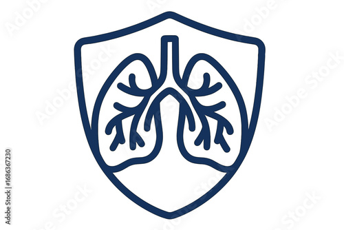Lungs shield icon. Respiratory health protection concept. Breathing organ safety symbol. Pulmonology medical logo. Lung care and disease prevention vector illustration for apps.