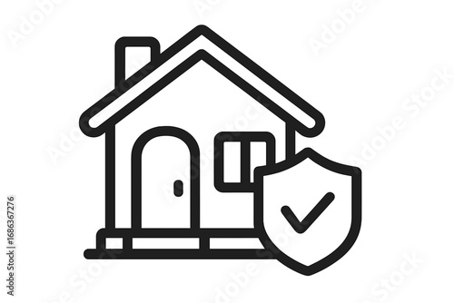 Home security line icon. House protection and safety symbol. Property insurance vector sign. Real estate safety concept with shield and checkmark. Secure home guarantee.