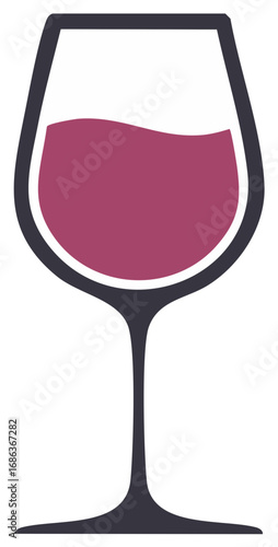 A simple flat vector icon of a classic wineglass filled with red wine for drinks and celebration concepts.