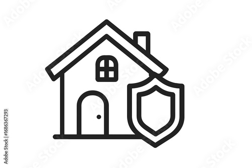 Home insurance line icon. House security and property protection concept. Real estate safety symbol with shield. Secure residential building pictogram for web and mobile app.