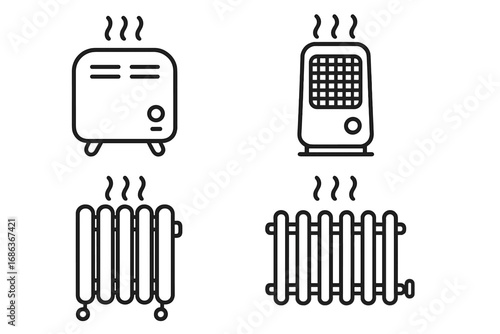 Minimalist line icons of heaters and radiators for home heating, energy warming devices, appliance symbols, vector cartoon illustration set with transparent background, modern heating concept