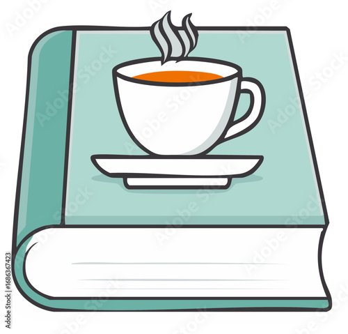 Steaming Cup of Tea on Open Teal Book Illustration Reading Break