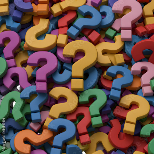 Abstract 3D Illustration of Colorful Question Marks on Transparent Background