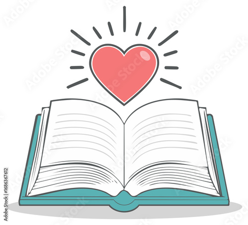 Open book with radiating heart above, symbolizing love for reading and literacy, graphic vector illustration.