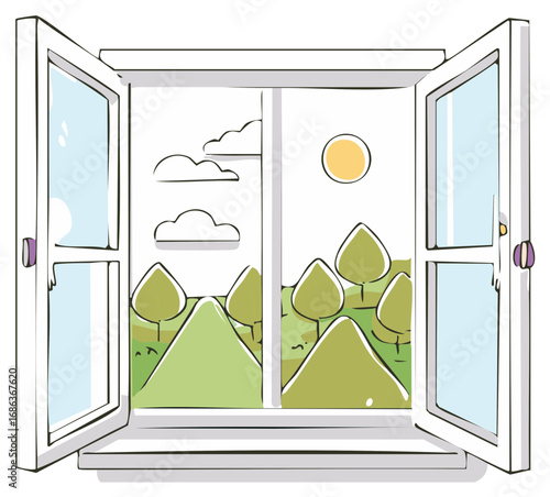 Open window with a view of trees, hills, sun, and clouds in sketch style