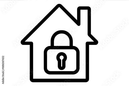 House and lock outline vector icon. Home security, safety, and protection concept. Symbol of a secure property, real estate, mortgage, and insurance. Smart home alarm graphic.