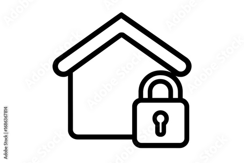 Home security icon concept. House and lock symbol for safety and protection. Real estate property insurance. Privacy, lockdown, stay home pictogram. Vector outline illustration.