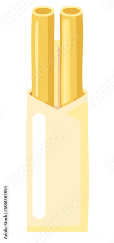 Cartoon Style Raw Pasta Package Isolated, Rigatoni Pasta Tubes in Paper Packaging