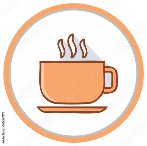 Stylized illustration of hot tea or coffee in an orange mug, minimalist design