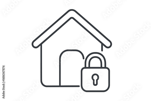 House and lock thin line icon. Home security and safety concept. Real estate property protection symbol. Private access, secure smart house system. Vector outline pictogram.
