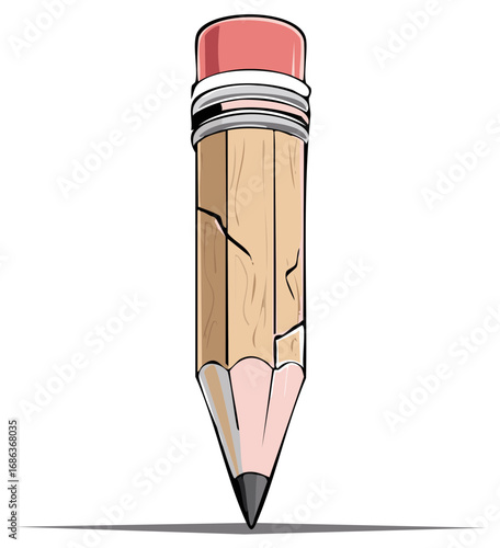 Cartoon style pencil illustration with cracks and eraser tip for education