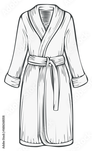 Classic bathrobe with a tied belt, black and white line art illustration in a vintage engraving style.