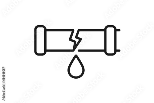 Water leak from broken pipe vector icon. Plumbing accident and pipeline damage concept. Burst pipe with dripping water. Emergency plumbing repair service symbol. Outline graphic.