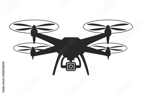 Silhouette of a quadcopter drone with camera for aerial photography and surveillance technology
