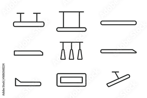 Minimalist Linear Ceiling Light Icons Set for Modern Interior Design, Vector Cartoon Style with Transparent Background, Ordered Collection of Contemporary Lighting Fixtures
