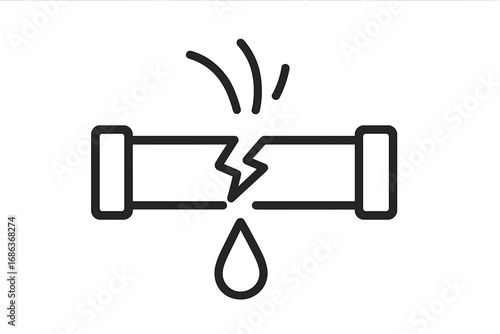 Broken pipe icon with water leak. Burst pipeline, plumbing problem, water damage concept. Emergency repair service vector. Leaky tube, drainage failure. Outline illustration.