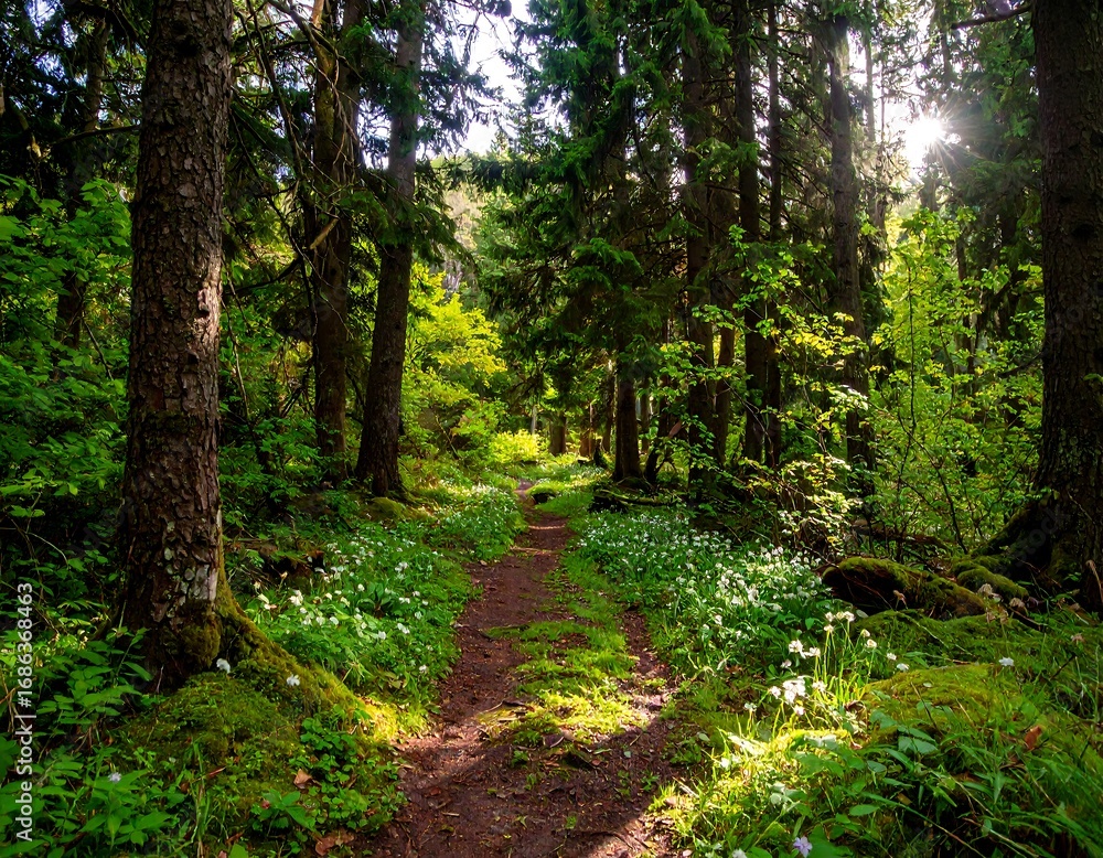 Obraz premium Sunlit forest path through springtime wildflowers