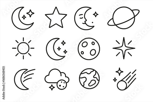 Celestial bodies line icon set. Simple outline vector icons of the moon, stars, planet, sun, comet, and earth. Space, galaxy, astronomy concept for web and app design.