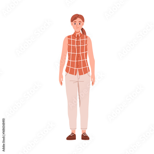 Woman in ordinary simple casual clothing. Young female in modest everyday outfit, unfashionable apparel, regular ponytail hairstyle, average look. Flat vector illustration isolated on white background