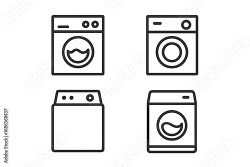 Minimalist linear icons of various washing machines and home appliances, simple modern vector cartoon illustrations with transparent background, ordered set for domestic laundry and household concepts