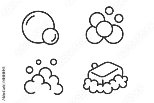 Bubble and foam linear icon set. Soap suds and lather pictograms for cleaning and hygiene concepts. Vector illustration for interface, web, and print. Minimalist line art.