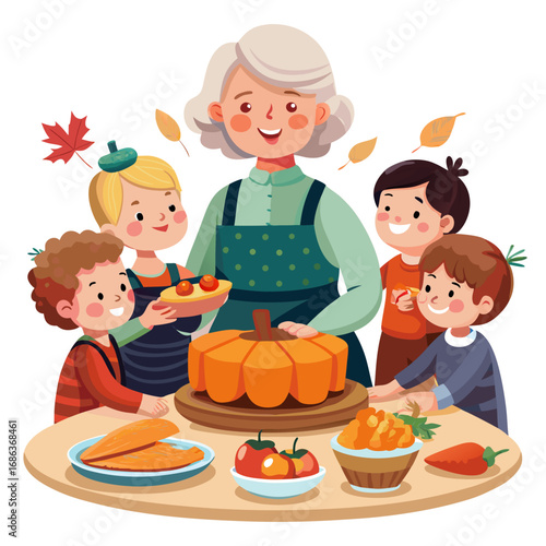 Grandmother and children baking a pumpkin cake