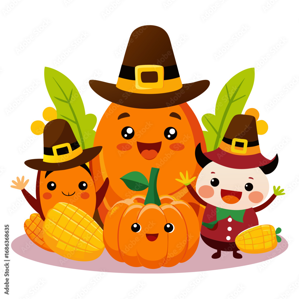 Fototapeta premium Thanksgiving characters with pilgrim hats and corn