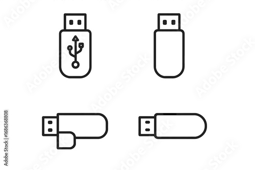 Minimalist Linear USB Stick Icons Collection for Technology and Digital Design Projects, Vector Cartoon Illustration Set with Transparent Background, Ordered Modern USB Flash Drive Symbols