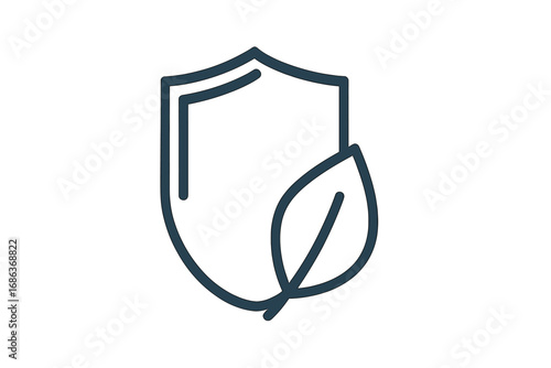 Eco shield with leaf line icon. Natural protection symbol. Organic food safety badge. Environment conservation and secure concept. Ecology guard emblem. Vegan, bio product logo.