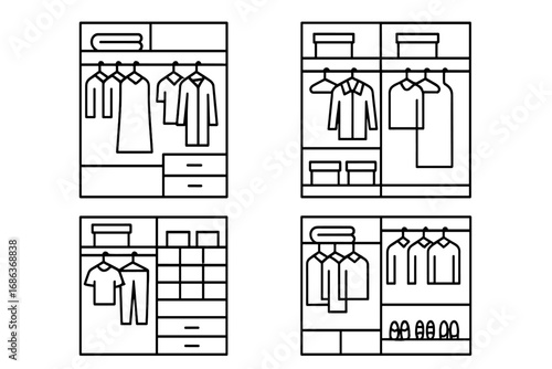 Minimalist linear wardrobe designs with organized closet storage solutions, cartoon vector illustration set, modern clothing racks, drawers, shelves, and shoe storage