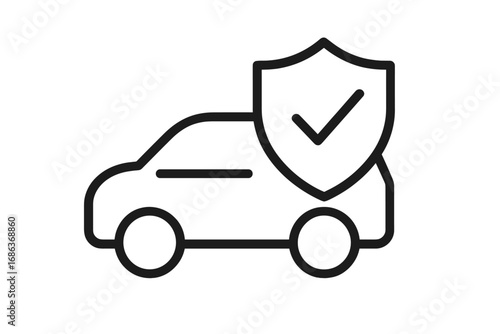 Car insurance icon. Vehicle protection and auto safety symbol. Secure transport guarantee with shield and check mark. Approved automobile security and warranty service concept.