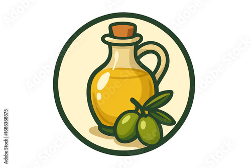 Olive oil bottle and olive branch vector logo design. Cartoon illustration for food packaging or label. Natural organic healthy cooking ingredient from Mediterranean cuisine icon.