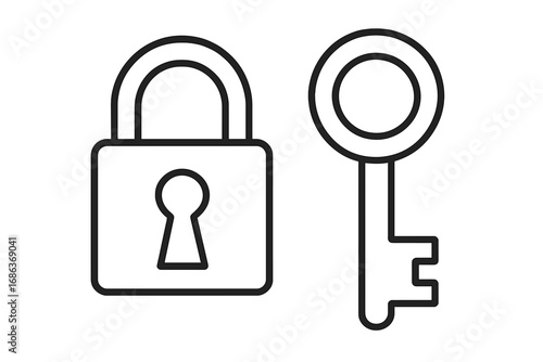 Lock and key icon. Line art vector illustration for security, safety, and access concepts. Simple outline symbol for privacy, protection, solution, and unlocking secrets.