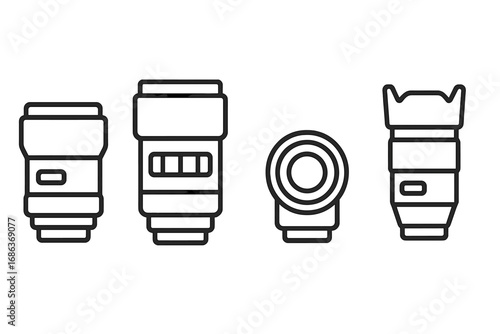 Minimalist linear camera lens icons set, outline vector illustrations of various lens designs, transparent background, ordered collection, photography equipment symbols