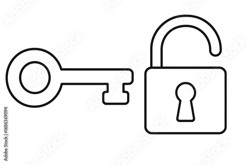 Key with open lock line icon. Vector illustration. Concept of finding a solution, unlocking potential, access granted, security, privacy, and opportunity. Metaphor for success.