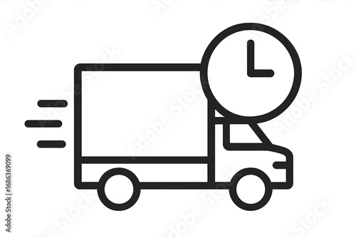 Fast delivery truck icon with clock. Express shipping service concept. Logistics and transportation symbol for web and apps. On-time delivery van vector illustration. 24 hours.