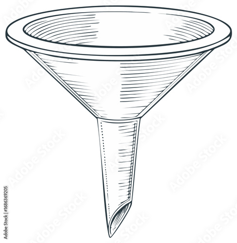 Drawing of a Vintage metal funnel, pour with a wide rim, kitchen utensil concept, doodle art