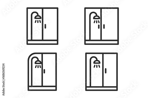 Minimalist Shower Cabin Icons Collection for Modern Bathroom Designs, Vector Cartoon Illustration, Transparent Background, Organized Set of Four Stylish Shower Enclosures
