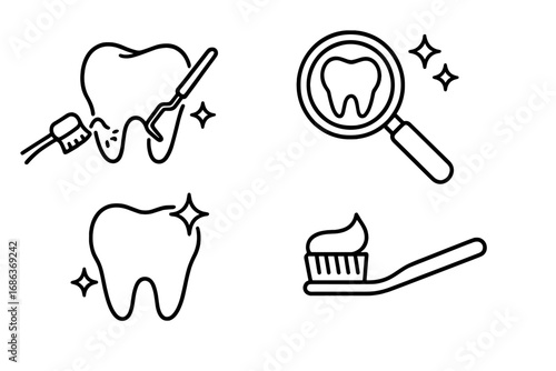 Dental care line icon set. Dentistry and oral hygiene concept. Tooth cleaning, check-up, whitening, brushing with toothbrush. Vector outline symbols for stomatology.