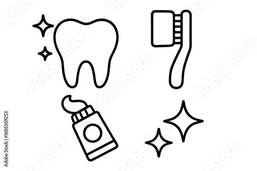 Dental care icon set. Oral hygiene outline symbols. Tooth, toothbrush, toothpaste, shine sparkle. Dentistry, stomatology concept. Teeth cleaning vector line art for web, clinic.