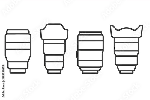 Minimalist outline icons of camera lens designs in modern linear style, vector cartoon illustration with transparent background, ordered set of photography equipment symbols