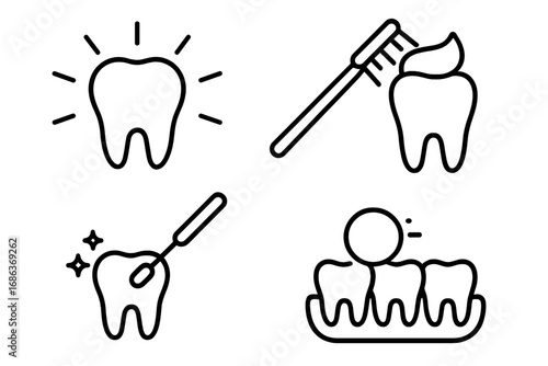 Dental care icon set. Line art symbols for dentistry, clinic, and oral hygiene. Vector illustration of tooth, toothbrush, toothpaste, and dentist tools for web design.