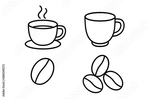 Coffee cup and bean line icon set. Vector outline symbols for cafe menu. Hot drink, mug, espresso, caffeine grain illustration. Editable stroke design for infographics.