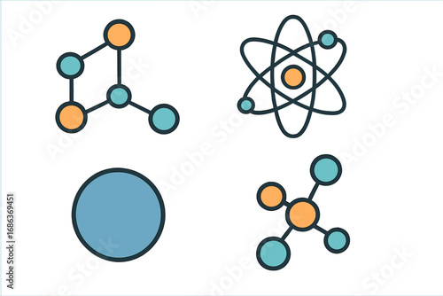 Collection of flat science icons. Atom with electrons, chemical compound, molecule structure. Vector graphic set for physics, education, research, and laboratory concepts.