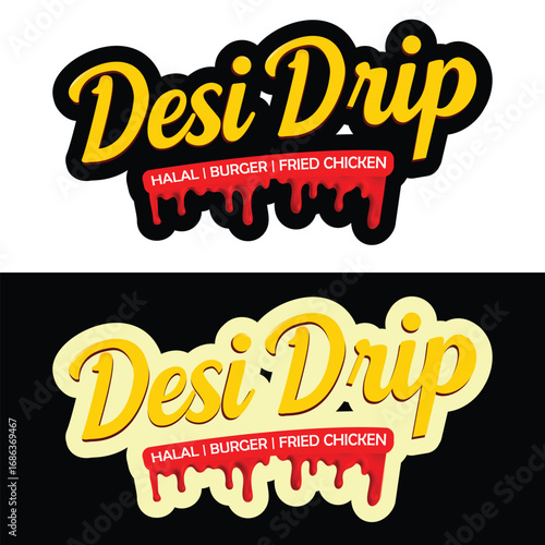 A vibrant and colorful "Desi Drip" logo design featuring modern typography, perfect for branding a food or beverage business with an ethnic twist, offering a playful and trendy brand identity.