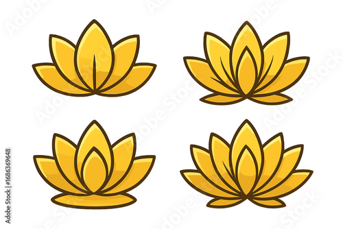 Golden lotus flower logo icon set for yoga, spa, and wellness. Vector illustration of a spiritual floral symbol. Beauty, meditation, harmony, and nature design element collection.