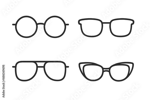 Minimalistic eyewear collection with simple outlined glasses design, vector cartoon illustration, transparent background, stylish fashion accessory set, modern optical frames
