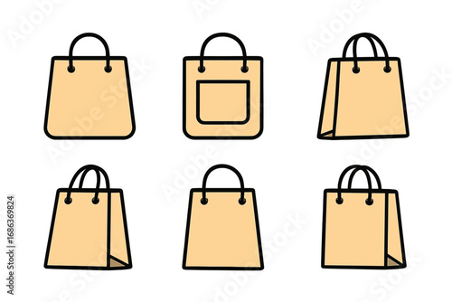 Shopping bag icon set for retail and e-commerce. Paper craft bags collection for store purchase or sales. Minimal linear vector pictogram for web, app and graphic design.
